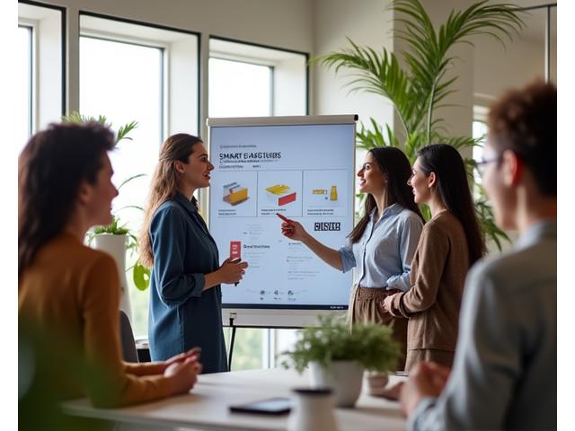 Equipo diverso colaborando y compartiendo ideas en una oficina moderna y sostenible, destacando la interacción humana detrás de la tecnología.