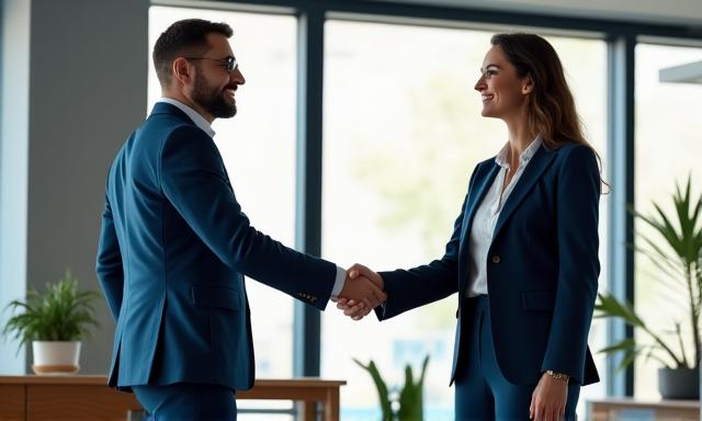 Dos empresarios de pymes dándose la mano en una oficina moderna, simbolizando un acuerdo exitoso y crecimiento empresarial.