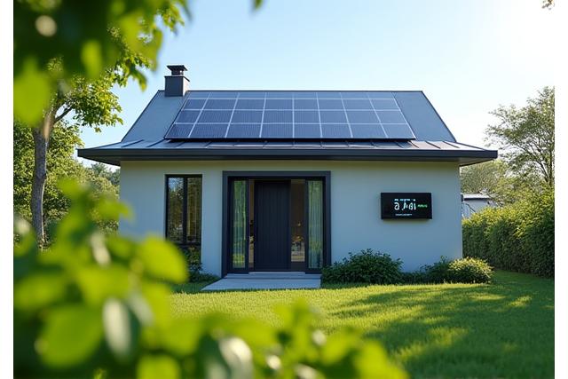 Hogar moderno con paneles solares y medidor de energía, simbolizando sostenibilidad.