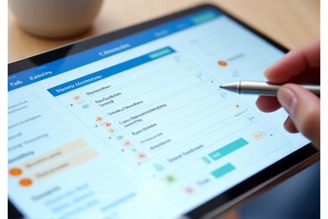 Aplicación de gestión de tareas en un tablet, con listas y gráficos de progreso.