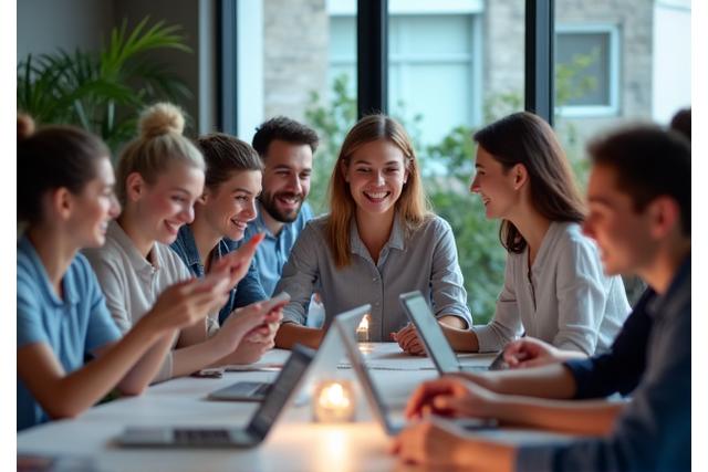 Grupo diverso de personas aprendiendo en un taller de habilidades digitales, sonriendo y colaborando.