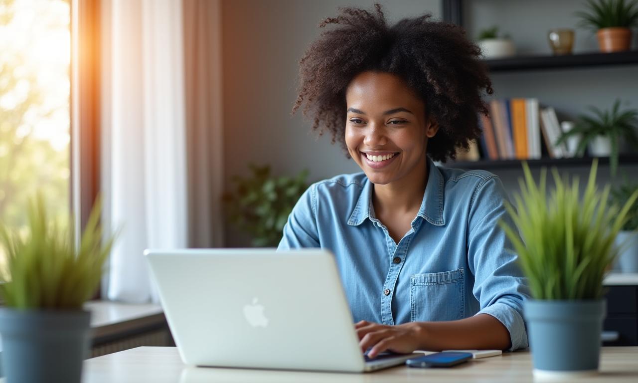 Persona sonriendo y trabajando eficientemente desde casa con un portátil y una taza de café.