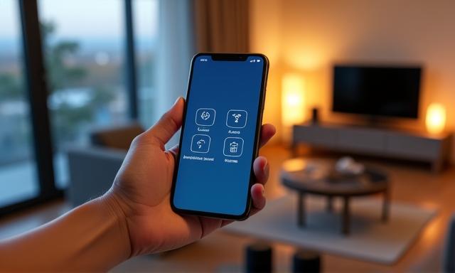 Mano sosteniendo un smartphone con una interfaz de control de domótica sobre un fondo de hogar inteligente