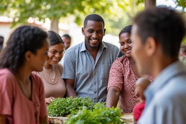 Grupo diverso de personas interactuando en un entorno comunitario, sonriendo y colaborando.