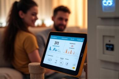 Familia utilizando una tableta para controlar dispositivos inteligentes conectados para la gestión energética.