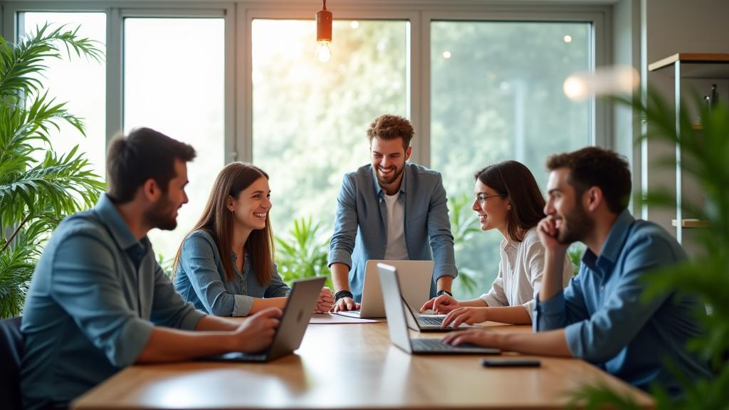 Personas colaborando felizmente en un entorno moderno que fusiona tecnología y naturaleza.