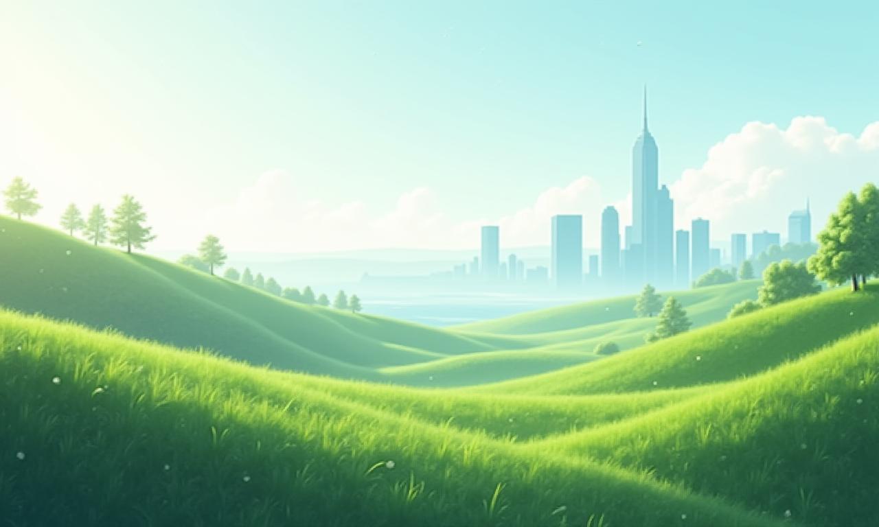 Un paisaje armonioso que combina naturaleza verde y una ciudad moderna, simbolizando la integración de tecnología y calidad de vida.